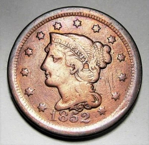 Centavo grande 1852 cabello trenzado detalle fino AD249 - Imagen 1 de 2