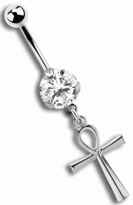 Piercing Ombelico Gioiello Banana con Zirconia Cristallo E Ankh Ciondolo Croce - Immagine 1 di 3