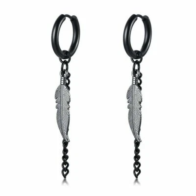 Male Men Ear Drops Earrings Tassel Chain Feather Dangle Ear Studs Clamp Clip On - Image 1 of 4