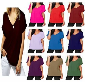 Ladies Baggy Oversized Fit V Neck Turn Up Sleeve Top Loose Batwing T-Shirt Top - Picture 1 of 8