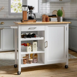 Kitchen Storage Trolley Serving Cart Island Wooden Cupboard With Drawer Shelves - Picture 1 of 7