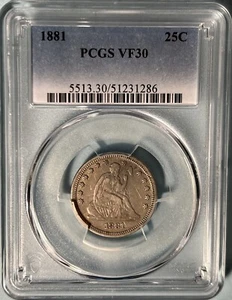 1881 Seated Liberty Quarter Key Date PCGS VF30 — Only 12,000 Minted - Picture 1 of 4