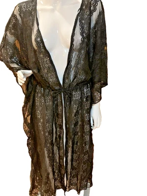 黑色花边掸子和服长款透明开衫巫术哥特式 2X 全新 — 第 1/3 张图片