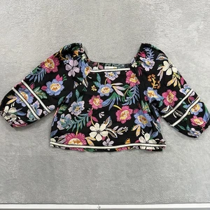 C&C California Shirt Top Blouse Women M Black Floral Linen Tropical Boho - Picture 1 of 6