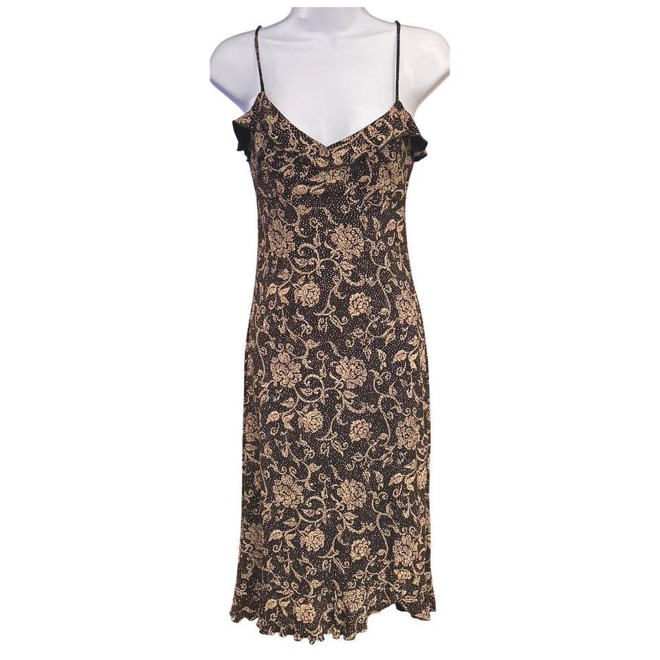Vestido sin Mangas Floral Metálico La Belle Negro Dorado Vintage Y2K Midi Hecho en Fiesta EE. UU. Foto 1 de 4