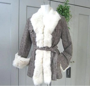 Grandtable Tweed Coat Rabbit Fur Trim Brown Mix Belted Women 9A-M US M New Tag - Picture 1 of 24