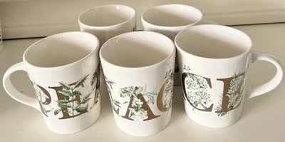 Set 5-Piece Williams Sonoma Winter Foliage PEACE 14 oz White Porcelain Mug NEW - Image 1 of 4