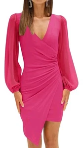 Zesica Women's Pink V-Neck Wrap Ruched Bodycon Mini Asymmetrical Dress Size S - Picture 1 of 11