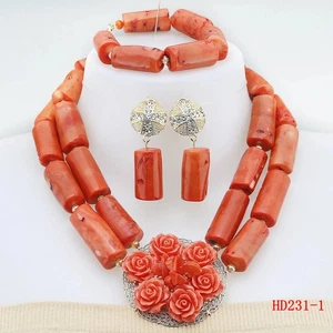 Double Layeres Original Coral Nigerian Wedding Beads Jewelry Set Women Coral - Picture 1 of 10