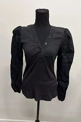 Derek Lam 10 Crosby, top acanalado manga abullonada para mujer, negro, talla S, nuevo sin etiquetas Foto 1 de 4