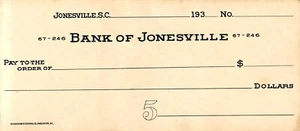 Jonesville, SC- Cheque de mostrador de Bank of Jonesville de la década de 1930 - Imagen 1 de 1