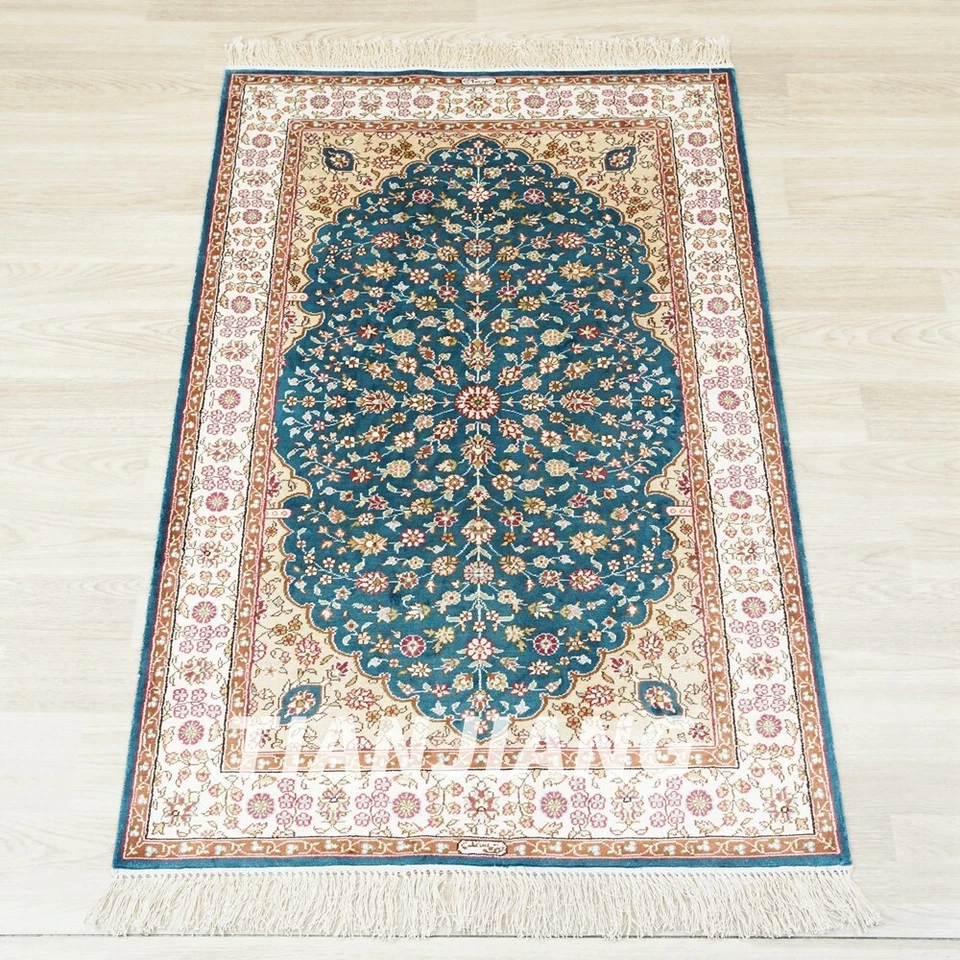 2.5x4ft Blue Handwoven Silk Carpet Home Decor Indoor Leaf Pattern Rug HF190B - Image 1 of 4