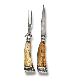 FABULOUS ANTIQUE CARVING FORK & KNIFE STERLING SILVER & ANTLER HANDLES ORNATE - Picture 1 of 13