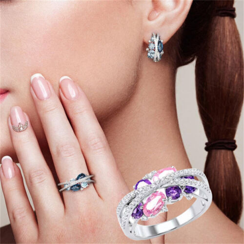 Women Valentine's Day Rings Retro Creative X Shaped Hollow Sea Blue Zircon Ring*