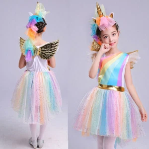 Prinzessin Einhorn Kostüm Regenbogen Kleider Kinder Mädchen Karneval Kleidung/ - Bild 1 von 19
