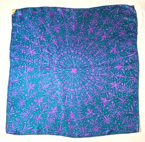 Vintage 1960s Teal Purple Medallion Silk Scarf Hand Rolled Hem~ New Old Stock - Picture 1 of 3