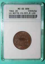 1864 2C LM FS-1901 Reverse Die Clash With Obverse Indian 1C - ANACS MS 64 BRN