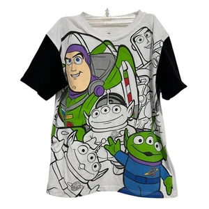 Toy Story Kids T-Shirt Boys Size 7 Buzz Lightyear & Aliens Graphic Black Sleeves - Picture 1 of 12