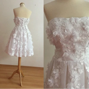 Short 3D Flowers Wedding Dresses Sleeveless Lace White Ivory Mini Bridal Gowns - Picture 1 of 12