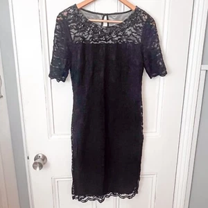 Precis Petite Shift Pencil Black Dress Floral Lace Overlay Size 12 - Picture 1 of 7