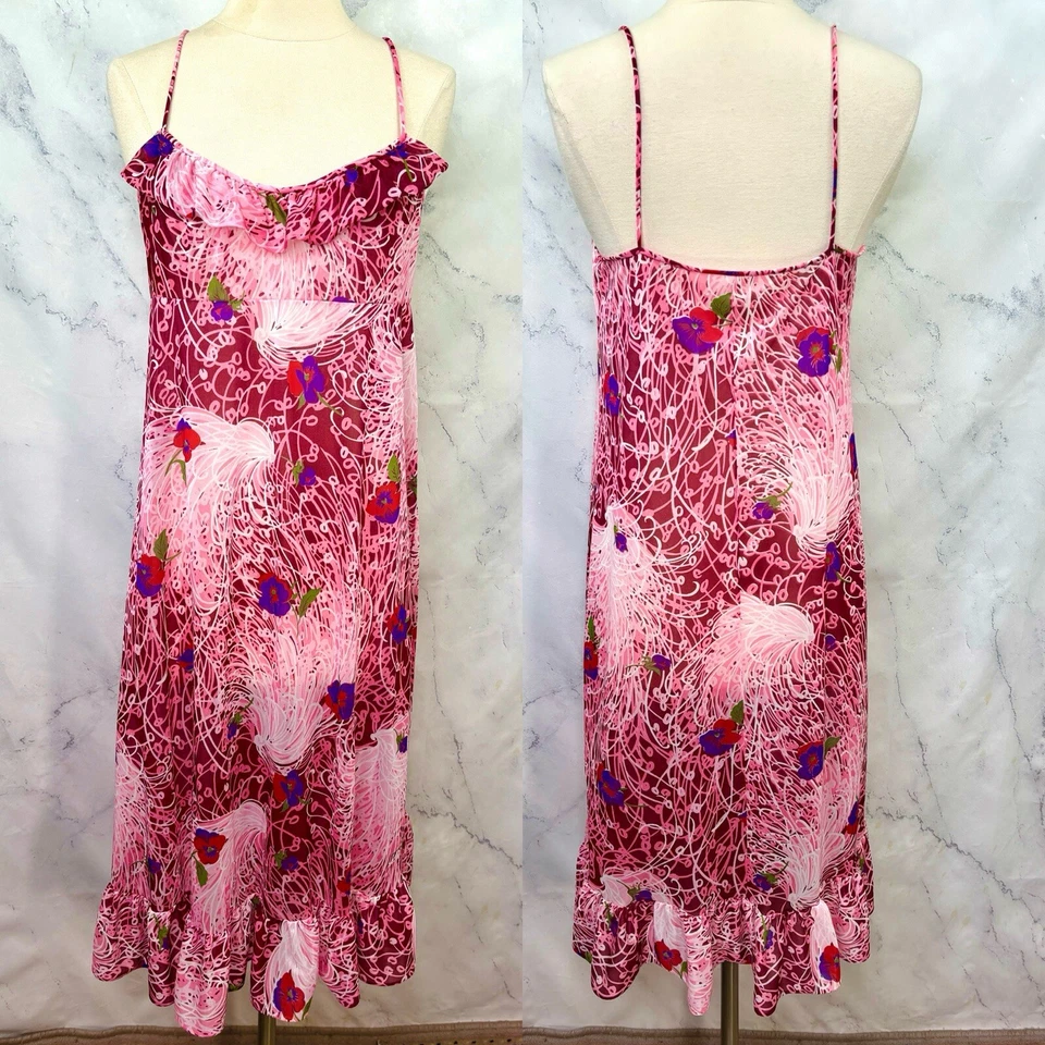 Vestido camisón vintage años 60 sin mangas 38 L rosa floral caprichoso volante hada Aloha  Foto 1 de 4