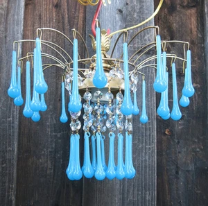 Vintage waterfall Opaline Blue Tole brass SWAG lamp crystal chandelier Hollywood - Picture 1 of 12