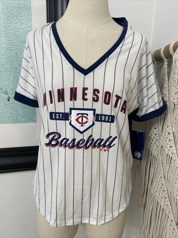 NWT WOMENS Minnesota Twins PINSTRIPE EST. 1901 Jersey Shirt MEDIUM Baseball MLB Cover