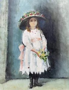 Victoria Harrington Portrait Oil Painting Young Edwardian Girl Holding Flowers - Afbeelding 1 van 7
