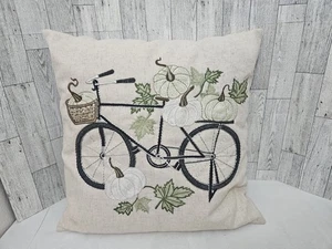 Pier 1 Embroidered Pumpkin Fall Leaves Bicycle Throw Pillow Green  - Picture 1 of 3