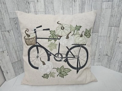 Pier 1 Embroidered Pumpkin Fall Leaves Bicycle Throw Pillow Green  - Image 1 of 3