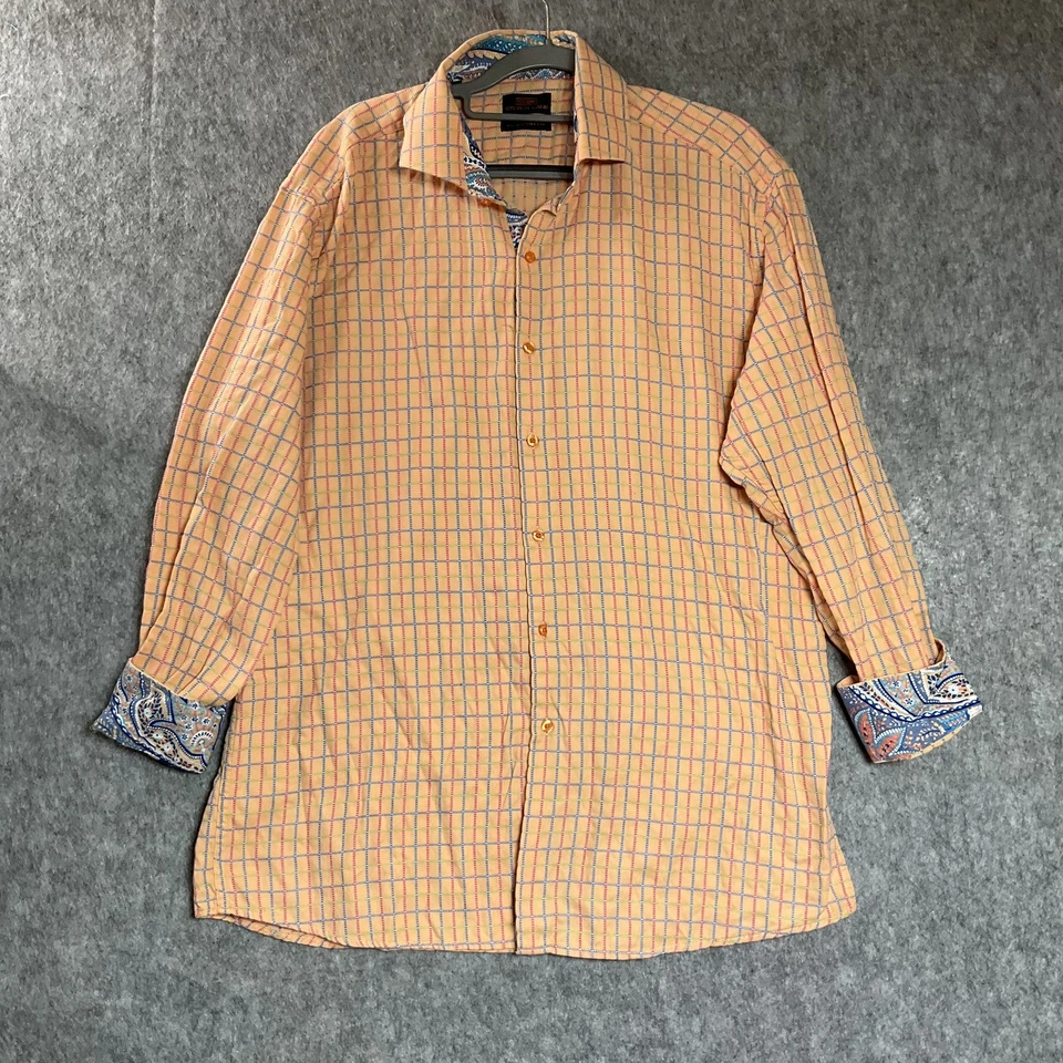 Camisa Steven Land Para Hombre Extra Grande Naranja Azul Cuadros Ajuste Moderno Borde Cachemira Foto 1 de 4