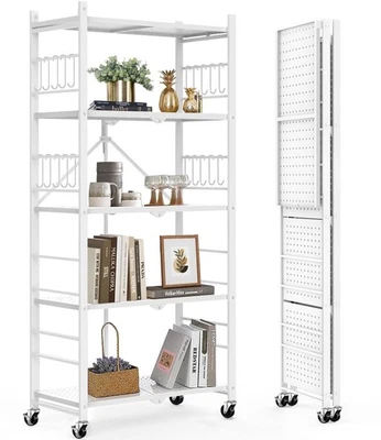 5-Tier Storage Folding Shelf with 20 Hooks, 4 Wheels, and Adjustable Feet, St... - Image 1 of 4