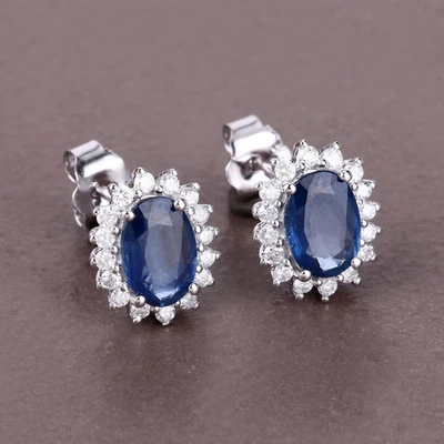8.00 Ct Oval Cut Natural Sapphire Diamond Earring 14K Solid White Gold stud - Image 1 of 4