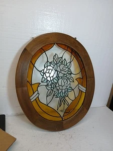 Vintage großer Sonnenfänger mit Holzrahmen Stainglas Blumen 19"x16" - Bild 1 von 12