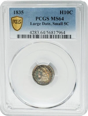 Media moneda de diez centavos busto tapado 1835 H10C fecha grande, pequeña 5c MS64 PCGS segura 950674-2 Foto 1 de 4