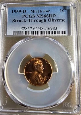 Lincoln Memorial Cent Penny 1959-D PCGS Graded MS66RD Struck-Through Mint Error - Image 1 of 4