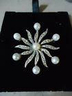 Vintage Deco 1950s Cultured Pearl & Paste Star Burst Brooch 3cm Sterling Silver
