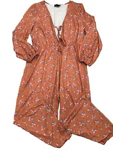 Asos Orange Floral V-Neck Jumpsuit UK18 Stretchy Long Sleeve Wide Leg A55 - Picture 1 of 11