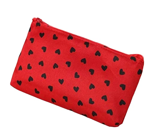Portable Zipper Makeup Cosmetic Pouch Toiletry Bag - New - Red w/ Black Hearts - Image 1 of 1