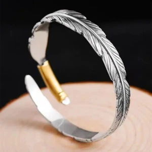 Feather Bangle Bracelet 925 Sterling Silver Adjustable Bangle - Picture 1 of 1