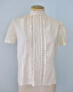 Vtg 40s 50s Ecru Cotton Secretary Blouse Top Sheer Lace Trim Back Buttons M - Picture 1 of 9