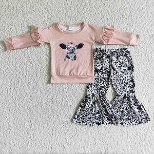 Girls Long Sleeve Pink Shirt Bell Pants Set 2Pcs Outfit Cow Print - Picture 1 of 1