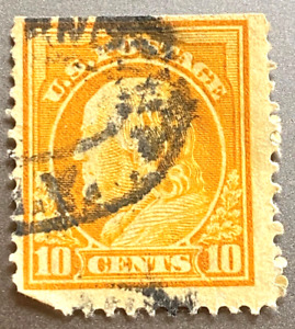 US Stamp Scott# 510, 10c Benjamin Franklin, Orange. Unique Cancelation.