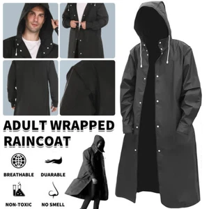 Men Black Waterproof Long Raincoat Rain Coat Hooded Trench Jacket Outdoor Hiking - Picture 1 of 27