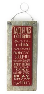 Lake Rules..Fish, Swim, Relax, Walk, Canoe, Play, etc. 3" x 7" Wood & Metal Sign - Picture 1 of 2