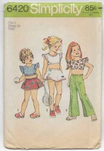 1970s Simplicity Pattern 6420 Girls MIDRIFF TOP PANTSKIRT & BELL BOTTOM PANTS 4 - Picture 1 of 2