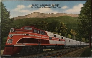 Rock Island RR Train Rocky Mountain Rocket a Pie de Pikes Peak ~ Postal de lino - Imagen 1 de 2