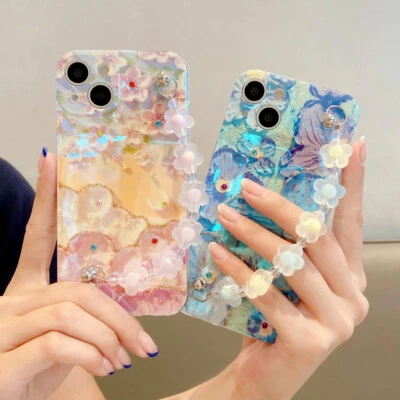 Bling Glitter Painting Flower Thin Slim Smartphone Cover Case with Hand Strap - Image 1 of 4