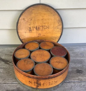 Antique Round Cylinder Wooden Bentwood Spice Box with 8 containers - Picture 1 of 17