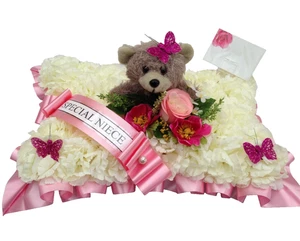 Personalised Funeral Pillow Artificial Flowers & Teddy Bear Memorial Tribute - Picture 1 of 11